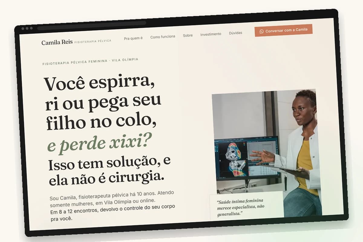 Exemplo de site Alive: Dra. Camila Reis, fisioterapeuta, em estilo editorial